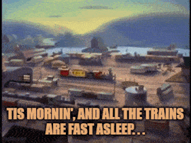 a picture of a train yard with the caption " it 's mornin and all the trains are fast asleep "