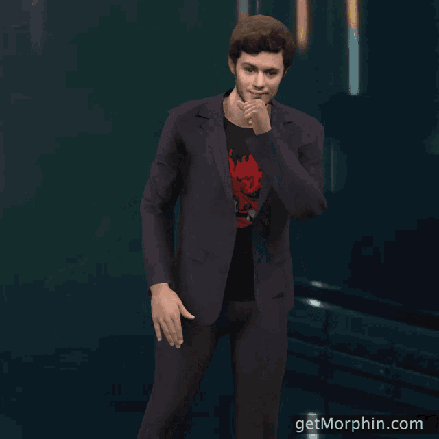 a man in a suit is pointing at the camera with the words " you 're breathtaking " behind him