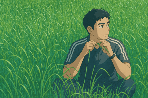 a man sitting in a field of tall grass