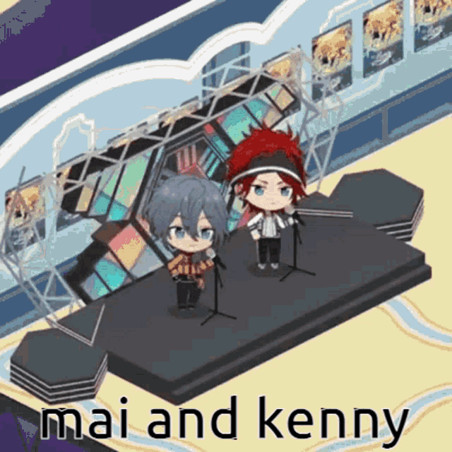 two anime characters standing on a stage with the words mai and kenny below them
