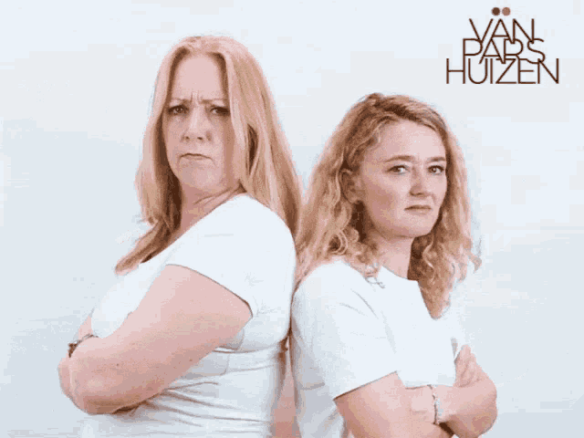 two women are standing back to back with their arms crossed and the words van paps hutzer behind them