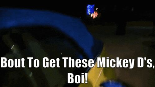 a cartoon character is standing next to a car with the words bout to get these mickey d 's boi
