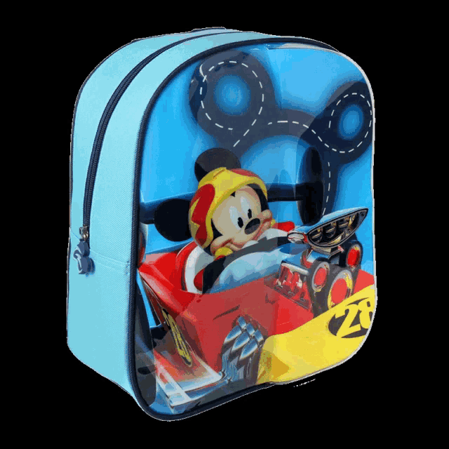 a blue backpack with a picture of mickey mouse in a race car