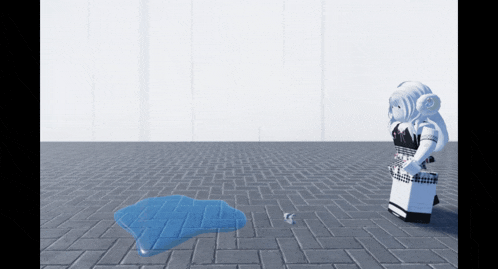 a cartoon character is standing next to a puddle of water on a brick floor