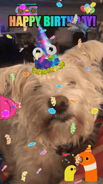 a dog wearing a party hat is surrounded by confetti and the words happy birthday written above it