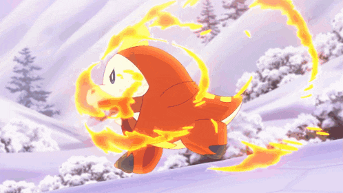 a purple monster is standing in front of a large orange flame