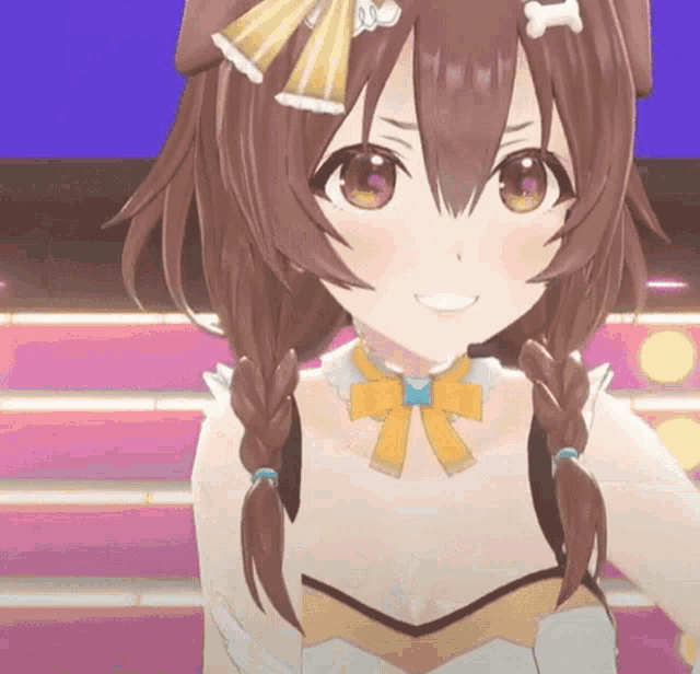 a close up of a brown haired anime girl with braids and a bone on her head