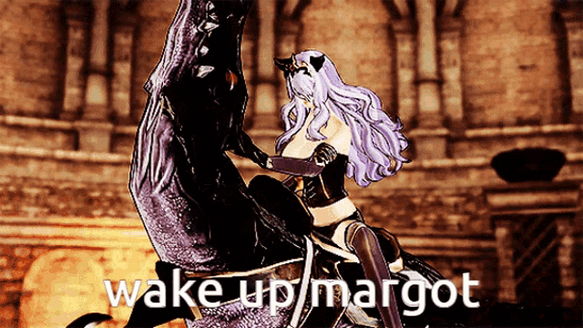 a picture of a woman riding a horse with the words wake up margot