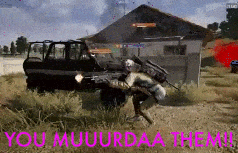 a man is holding a gun in a video game while another man is standing next to a car .