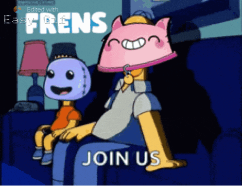 a cartoon character with a pink cat on his head and the words join us on the bottom