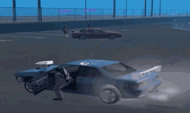 a screenshot of a video game shows a man standing next to a blue car with a purple car behind it