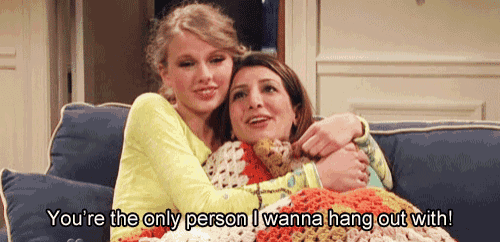 two women hugging on a couch with the caption " you 're the only person i wanna hang out with ! "