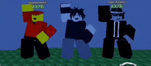 three roblox characters are dancing and one of them has the name ashleygeexists on it