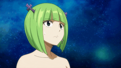 a naked anime girl with green hair and purple crosses on her head