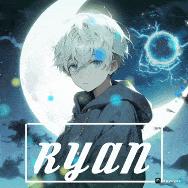 a picture of a boy named ryan with a crescent moon in the background