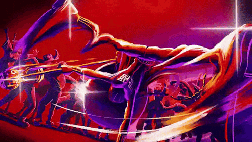 a painting of a person playing a trombone in front of a crowd .