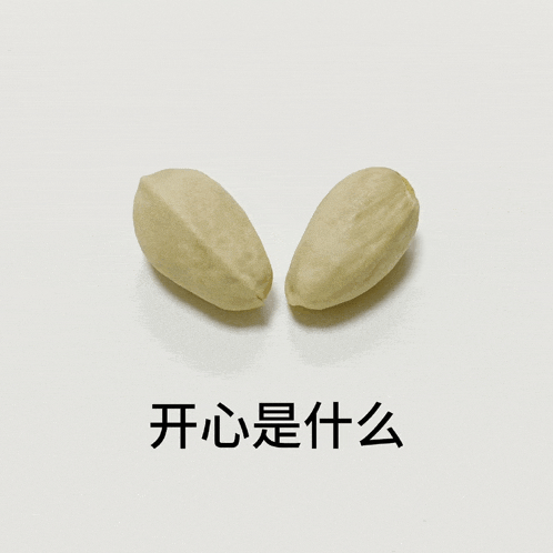 two peanuts on a white surface with chinese writing