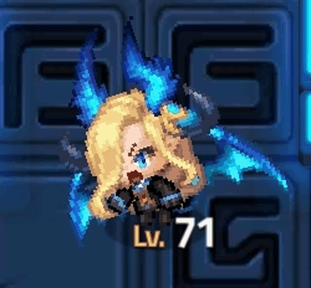 a pixel art of a girl with blue wings and horns and the number 71 on the bottom .