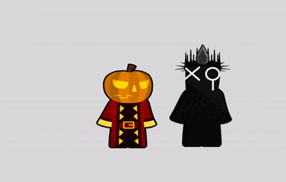 a cartoon drawing of a pumpkin and a cartoon drawing of a person with a crown