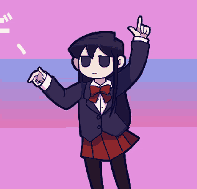 a cartoon drawing of a girl in a school uniform pointing upwards