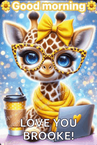 a giraffe wearing glasses and a yellow bow is sitting in front of a laptop and a cup of coffee .