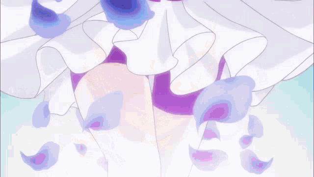 a girl in a white dress with blue flowers on her head