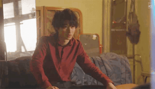 a young man in a red shirt is sitting on a couch in a living room .