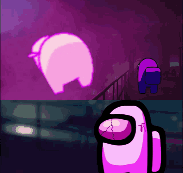 a pink among us character is standing next to a purple one