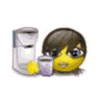 a yellow smiley face is sitting next to a coffee maker on a white background .