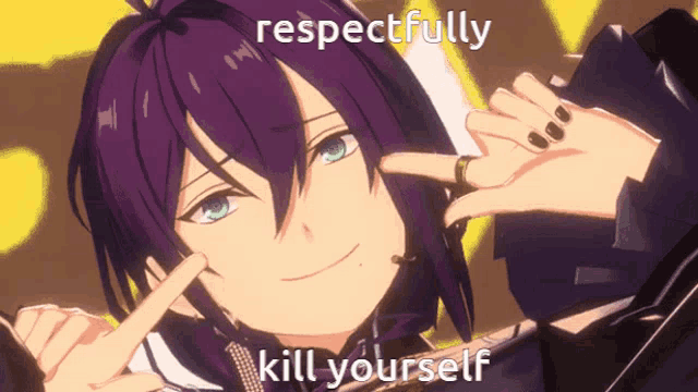 a purple haired anime character with the words respectfully kill yourself