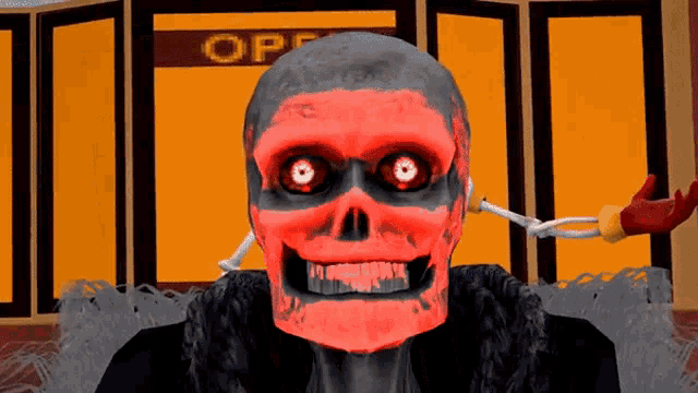 a skeleton with red eyes is standing in front of a sign that says " open "