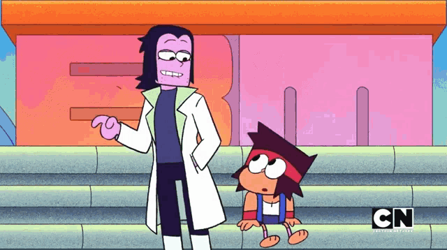 two cartoon characters are standing next to each other with cn on the bottom right