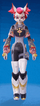 a cartoon character with red hair and a fox 's head stands in front of a blue background
