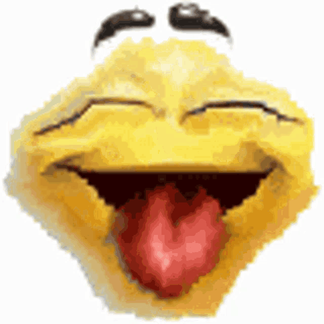 a yellow smiley face with its tongue hanging out and closed eyes .