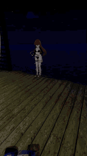 a girl in a bikini is standing on a dock with a can that says vigilante on it
