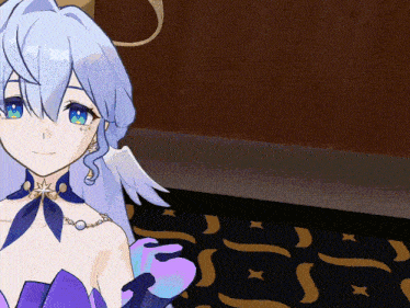 a girl with blue hair and blue eyes is wearing a blue and purple dress
