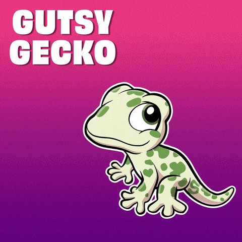 a cartoon of a gecko with the words gutsy gecko above it