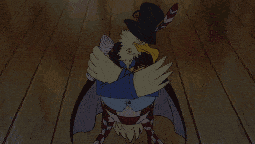 a cartoon character is sitting on a wooden floor wearing a hat