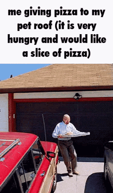 a man carrying a slice of pizza in front of a garage door