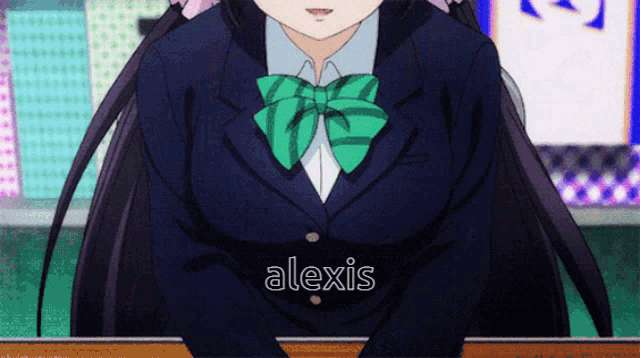 a girl in a school uniform with the name alexis written on the chest
