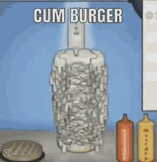 a cartoon drawing of a cum burger with condiments on the table