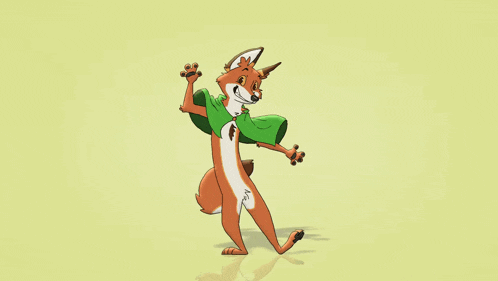 a cartoon fox wearing a green shirt and a green scarf