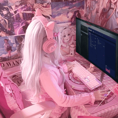 a girl wearing pink headphones sits in front of a computer with a poster on the wall that says dead man 's chest