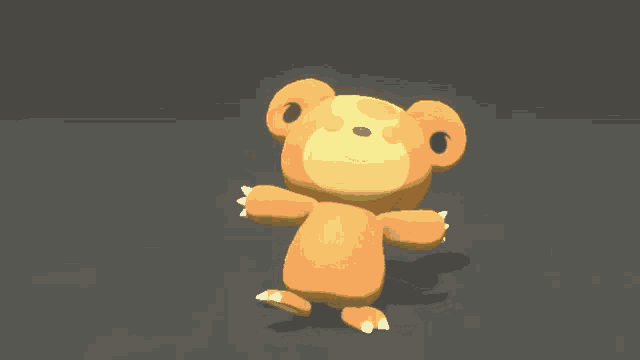 an orange teddy bear with a yellow face and a crescent moon on it 's head