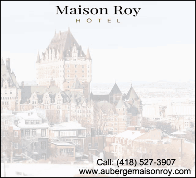 an advertisement for maison roy hotel with a phone number and website
