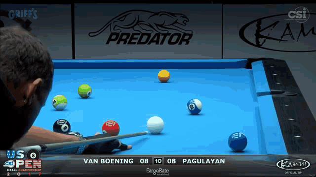a pool table with a predator logo on the wall behind it