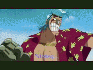 franky from one piece has a tattoo on his chest that says " strong "