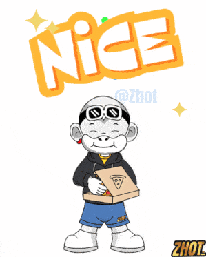 a cartoon character holding a box of pizza with the word nice above him