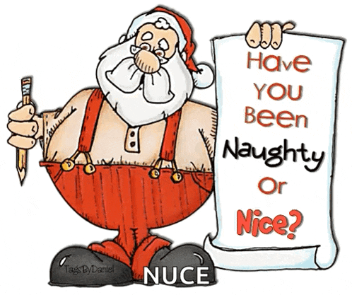 a cartoon of santa claus holding a pencil and a scroll that says " have you been naughty or nice "