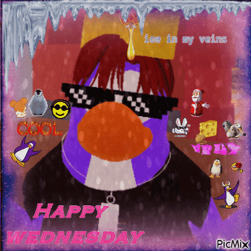a picture of a penguin wearing sunglasses and the words happy wednesday on the bottom